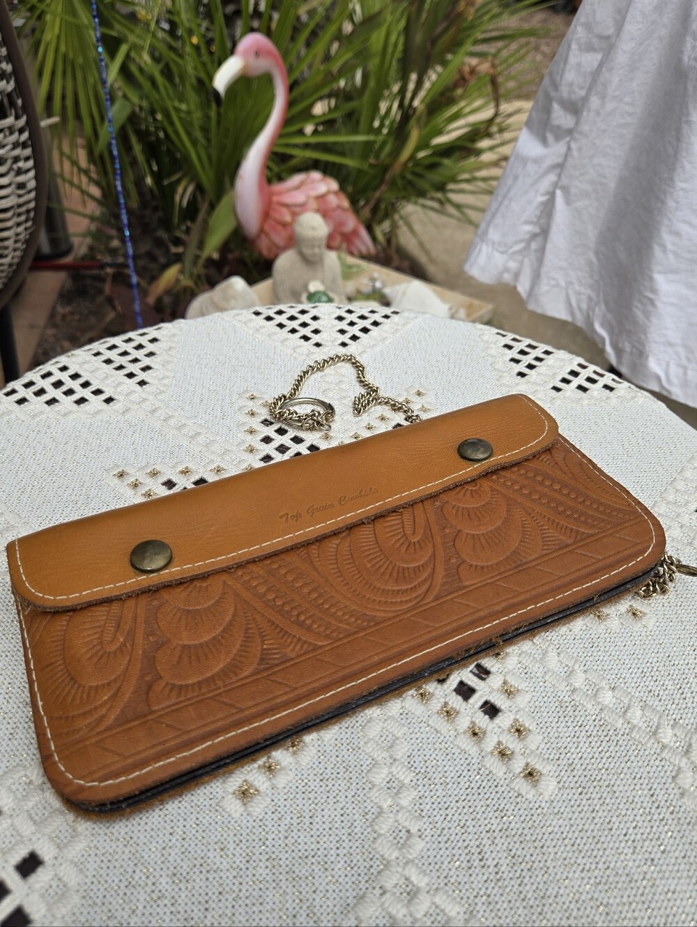 Vintage Truckers Wallet - Tan Embossed Leather Wallet with Chain Strap